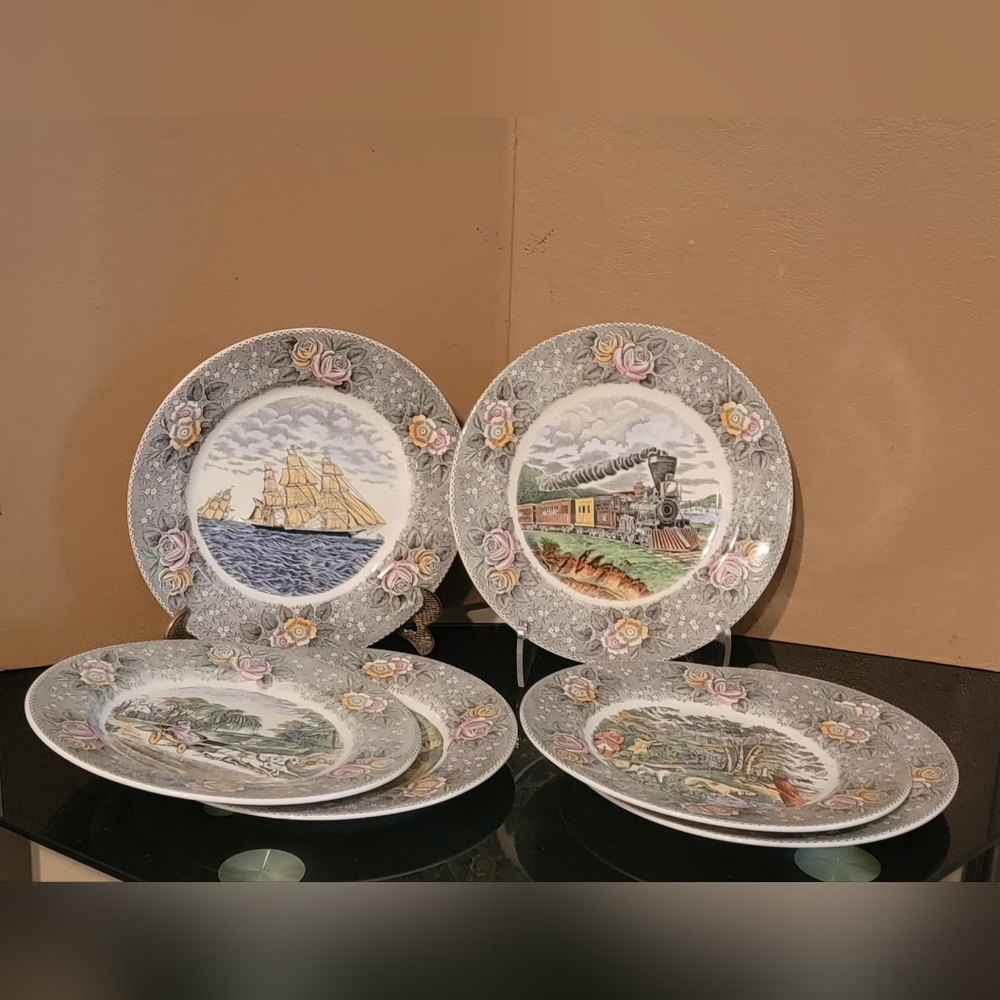 ADAMS VINTAGE SET OF 6 DECOR 10.5" PLATES  Gray and White Dinner Plates Set